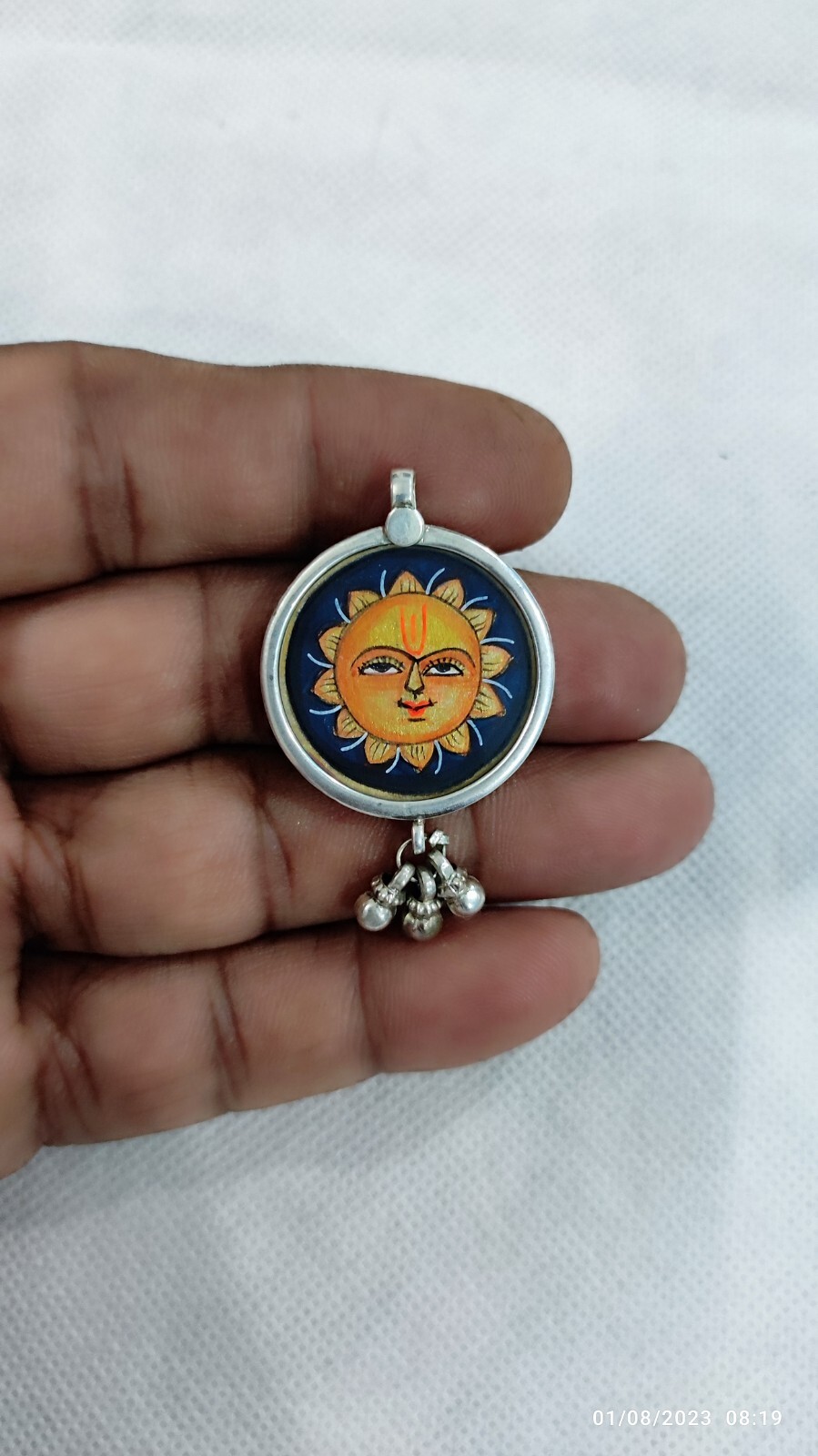 Handmad Art Painting Glass Framed 92.5 Silver Dangles Pendant Deity Sun Necklace