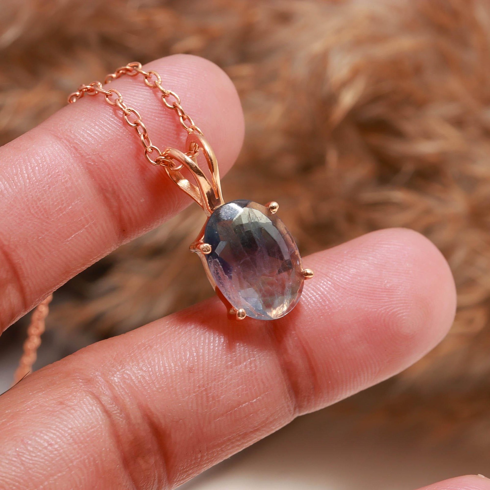 100% Natural Fluorite Oval Necklace Rose Gold Plated 925 Sterling Silver Jewelry