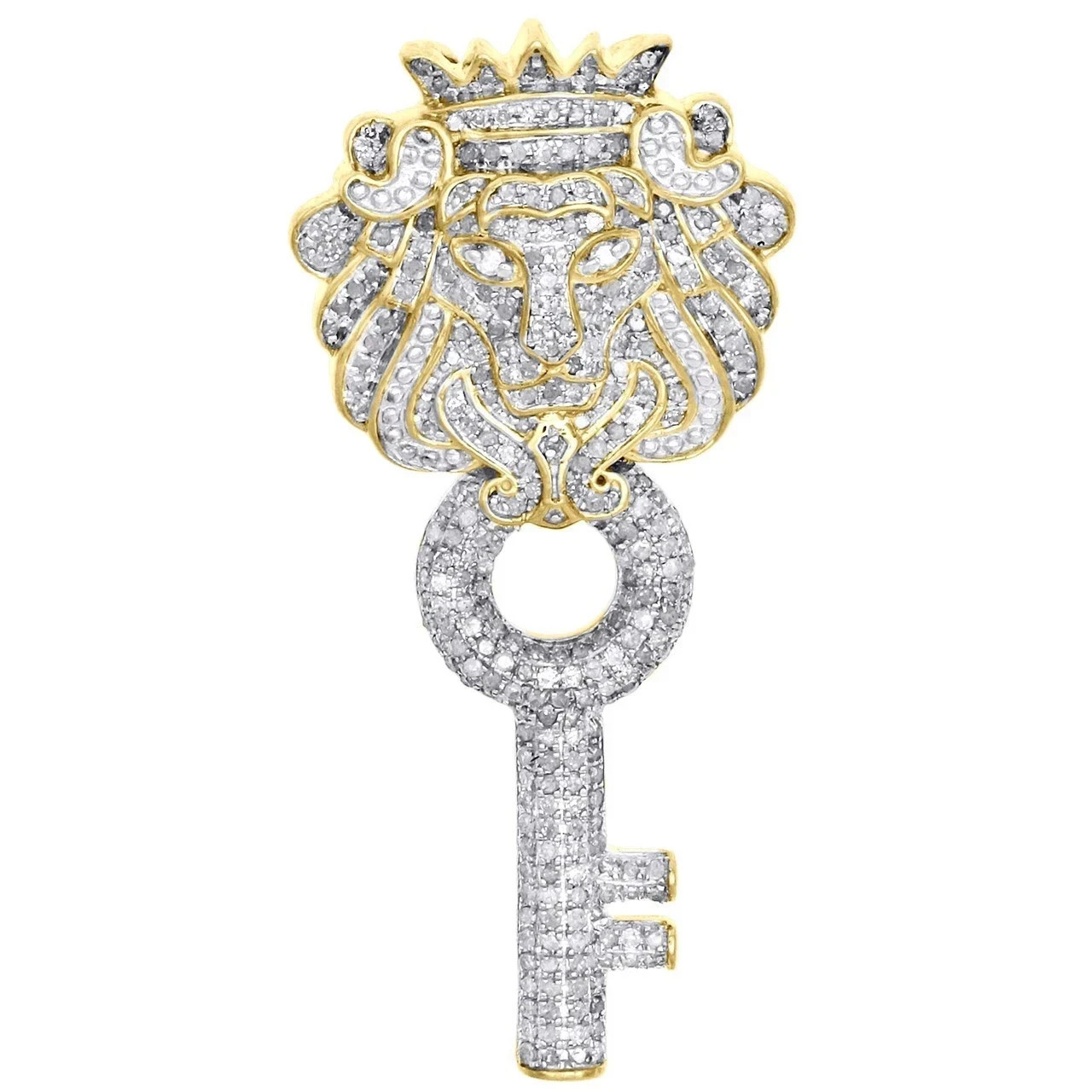 10K Yellow Gold Plated Lab Created Round Cut Diamond Lion Head & Key Pendant