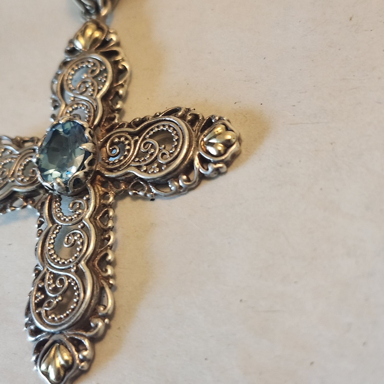 Robert Manse Sterling Silver 925 and 18k Gold Cross Blue Topaz Pendant