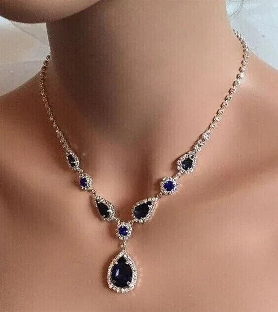 7Ct Pear Cut Lab-Created Sapphire Women Wedding Necklace 14K White Gold Finish