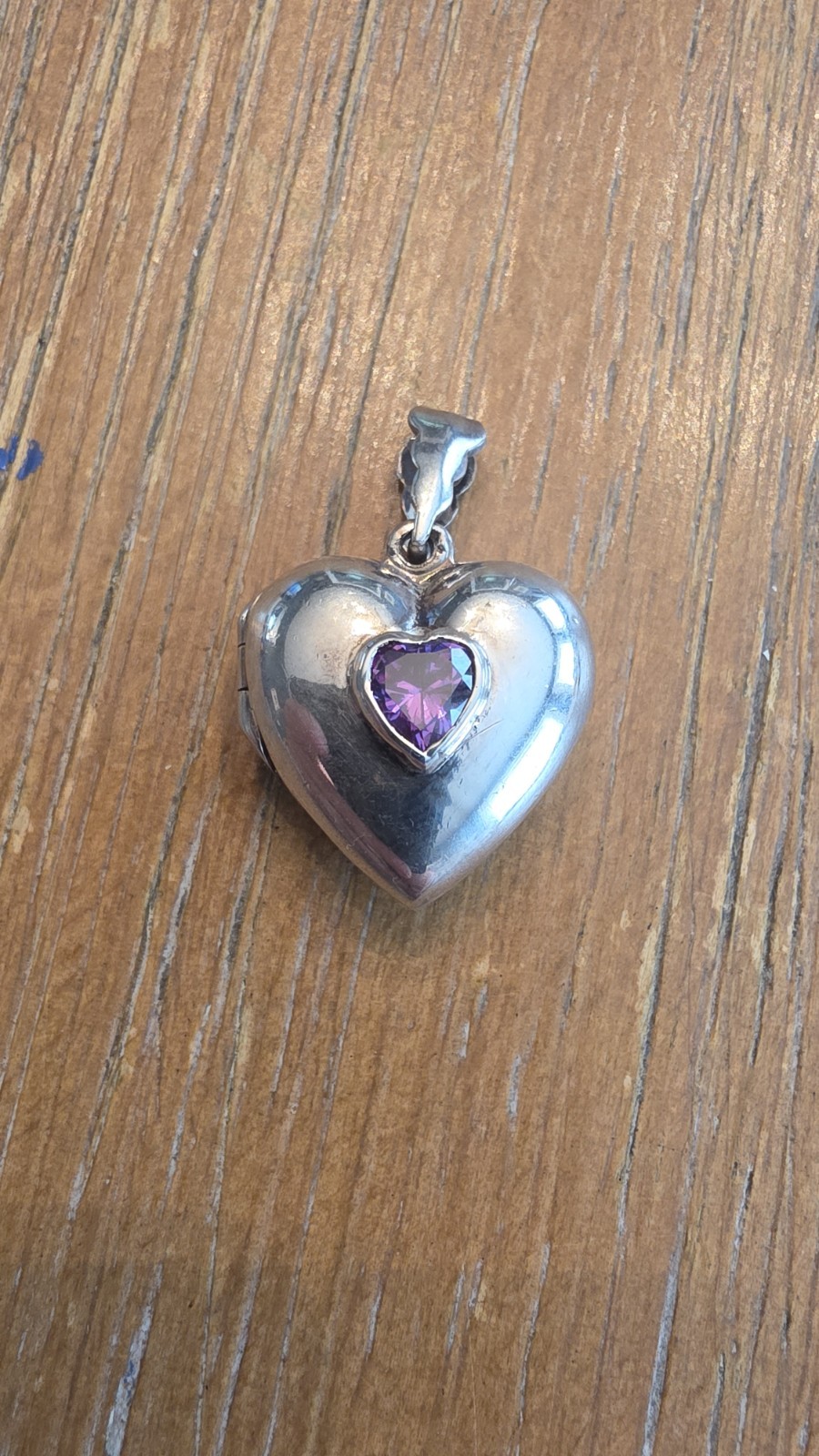 Sterling Silver .925 Puffy Heart Locket Pendant With Amethyst Stone