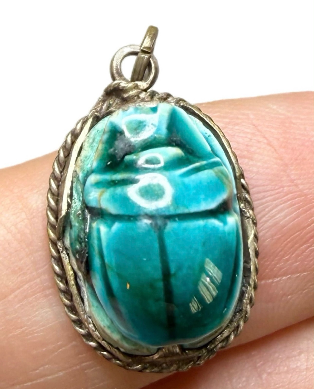 LUX Vintage Egyptian Revival Scarab Pendant, Sterling + Faience