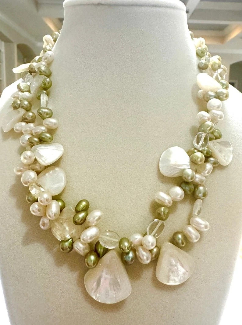 Coastal Chic 14K Gold Mother of Pearl Quartz Freshwater Pearl 2 Strand Necklace