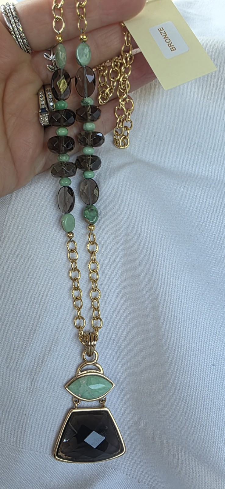 long Designer “BARSE” faceted Smoky Quartz or Jasper? Bronze Necklace adjustable