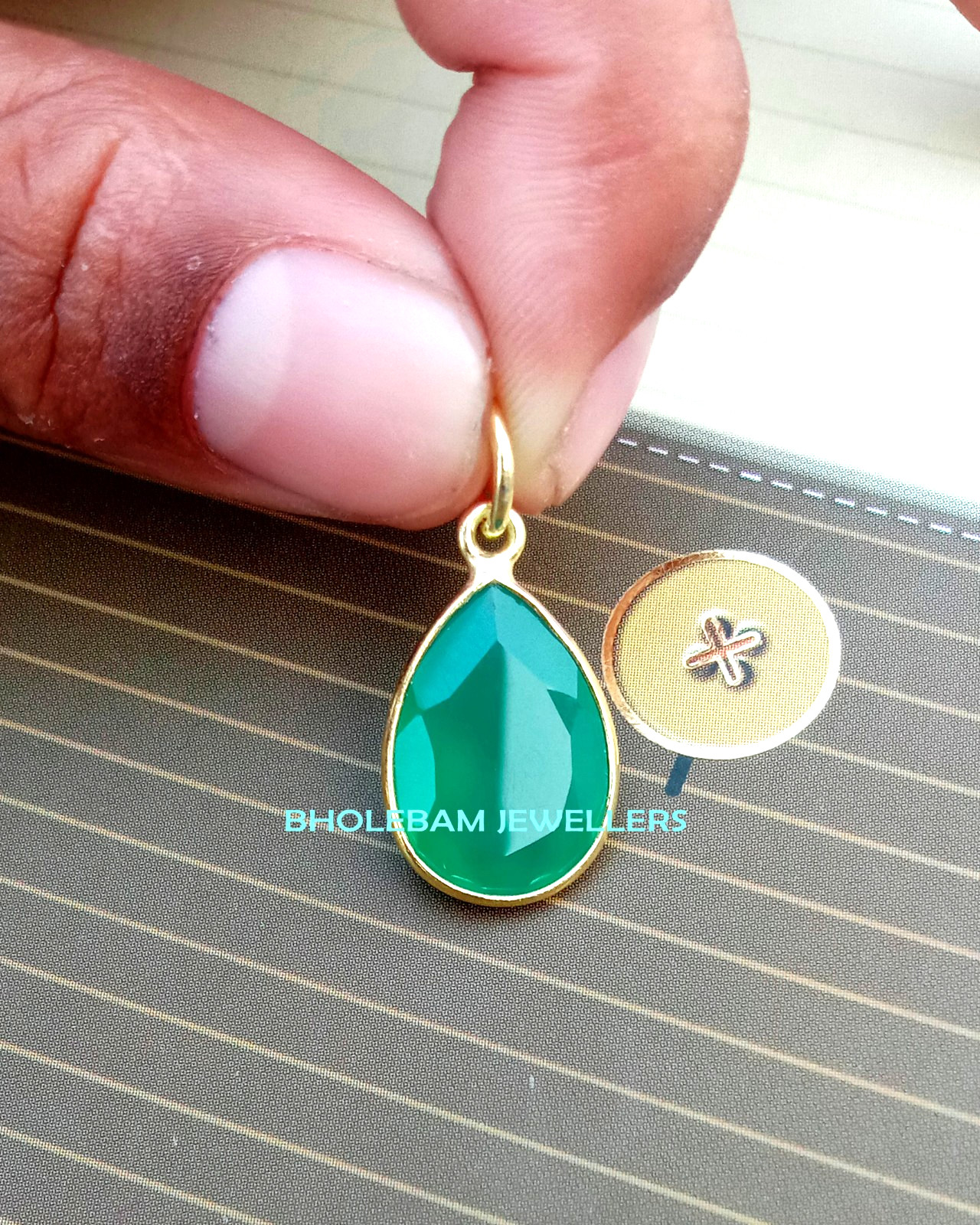 Natural Green Onyx Charm Necklace, 18k Yellow Gold Pendant , Handmade Jewelry
