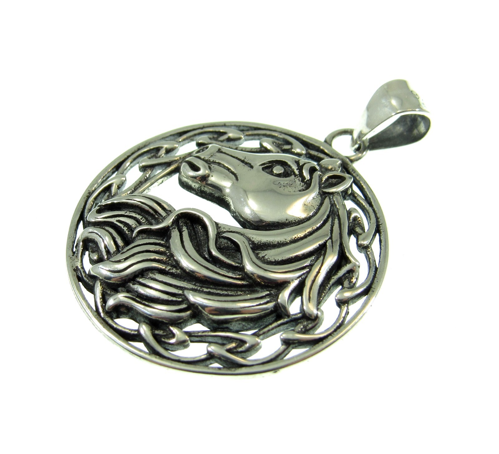 Handcrafted Solid 925 Sterling Silver Round Celtic Knot Horse Head/Bust Pendant