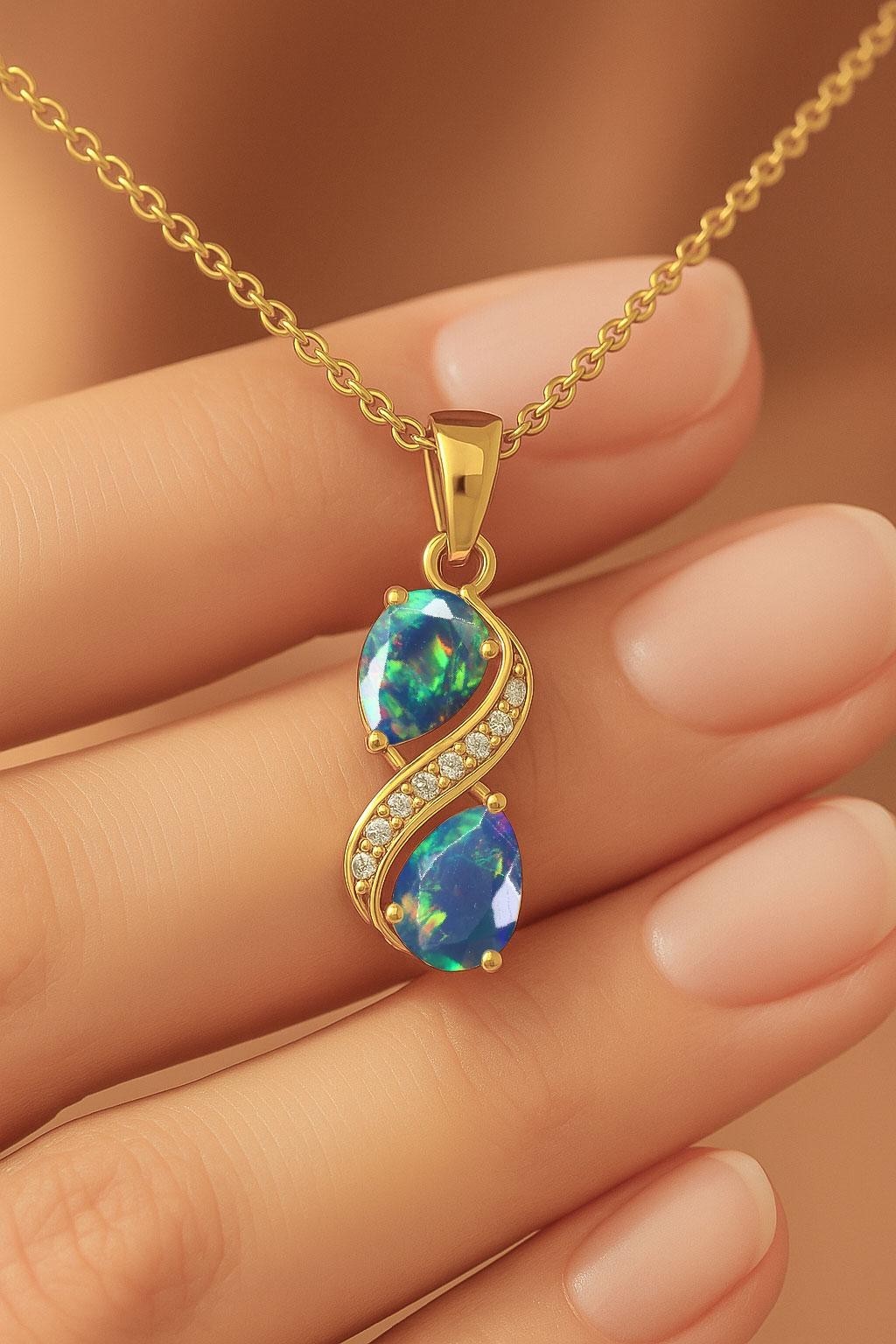 Black Opal Dual Pear Gemstone Charm Gold Pendant, Natural Opal Chain Pendant