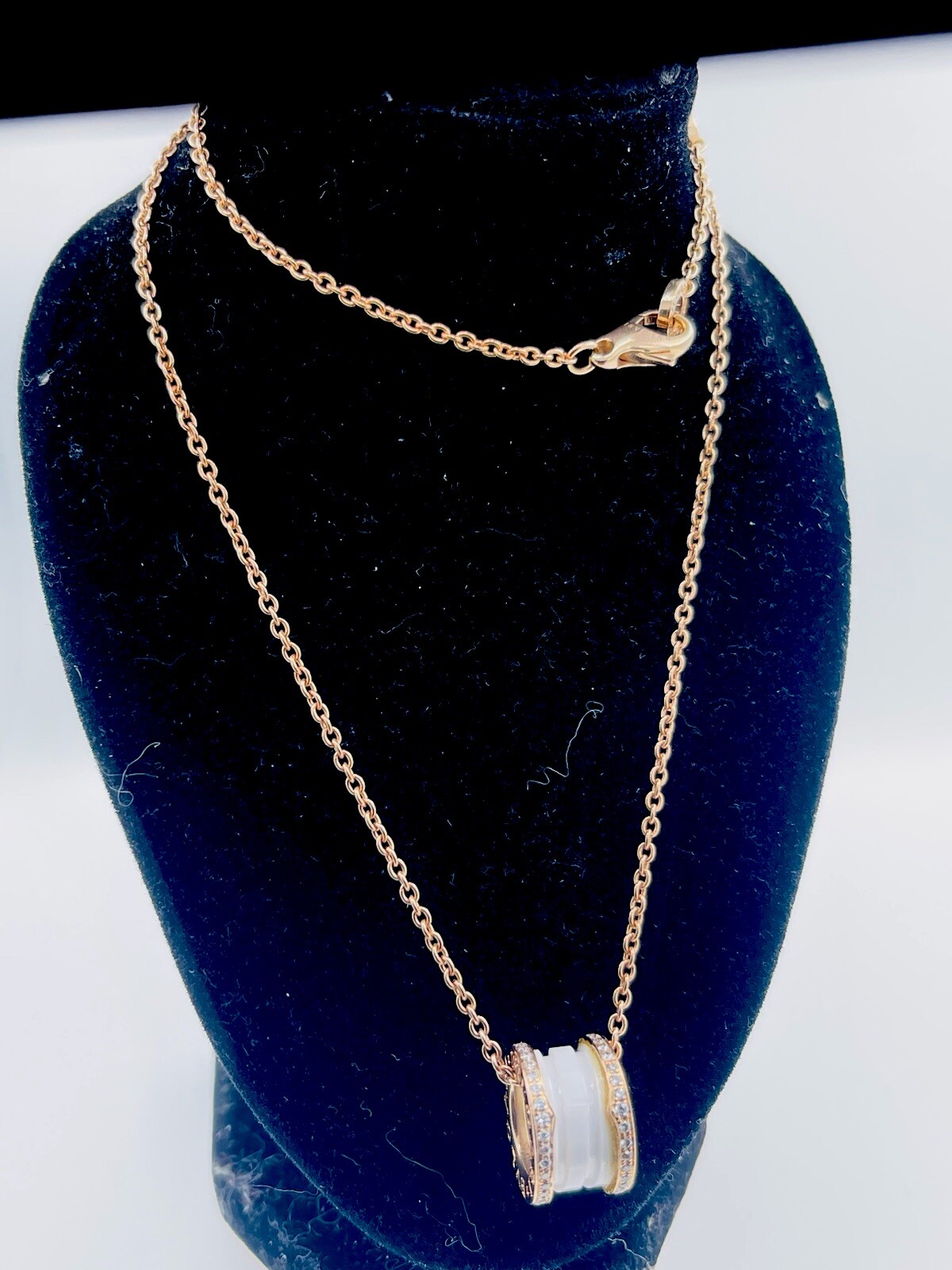 Bvlgari B.Zero1 Pave Diamond Necklace 18k Rose Gold Ceramic Pendant. 18″