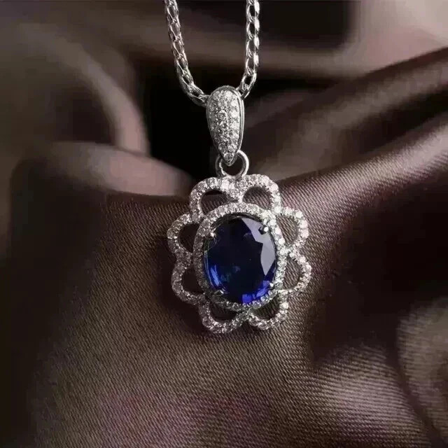 5.20Ct Oval Cut Natural Blue Sapphire & Diamond 14K White Gold Luxurious Pendant