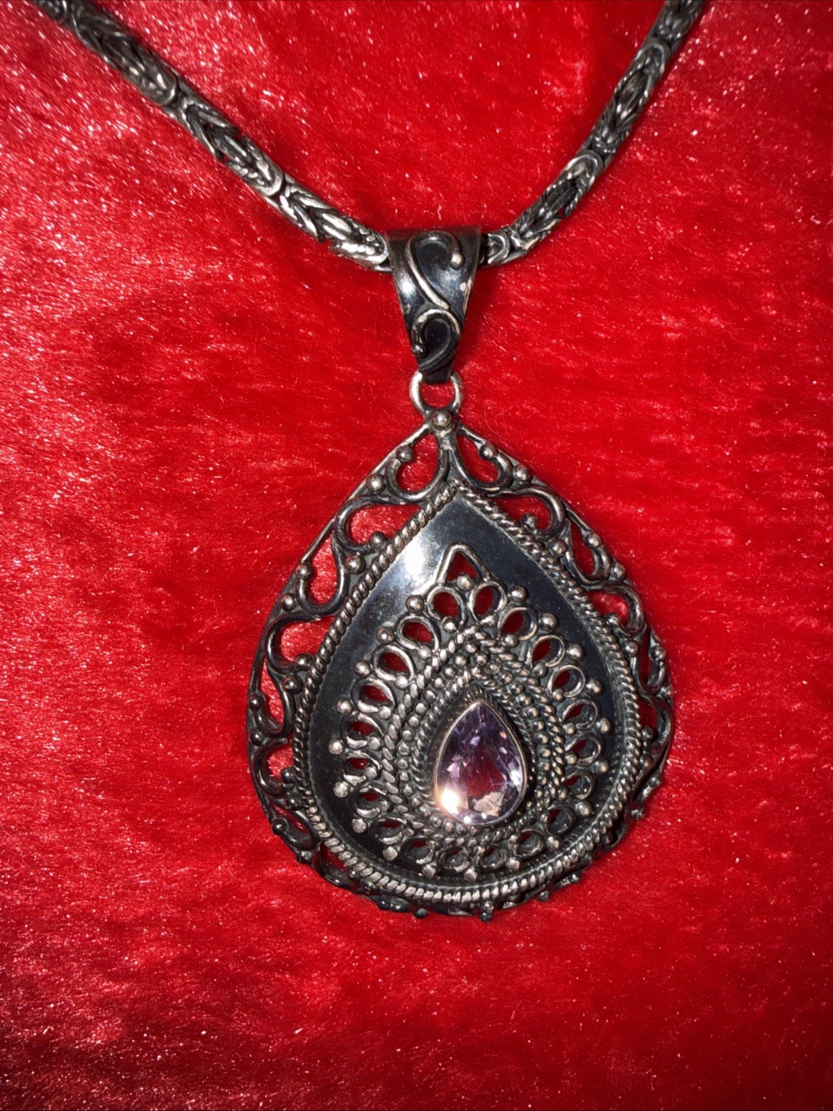 DP Oxidized Sterling Silver Large Tear Drop Amethyst Pendant Necklace India 18”