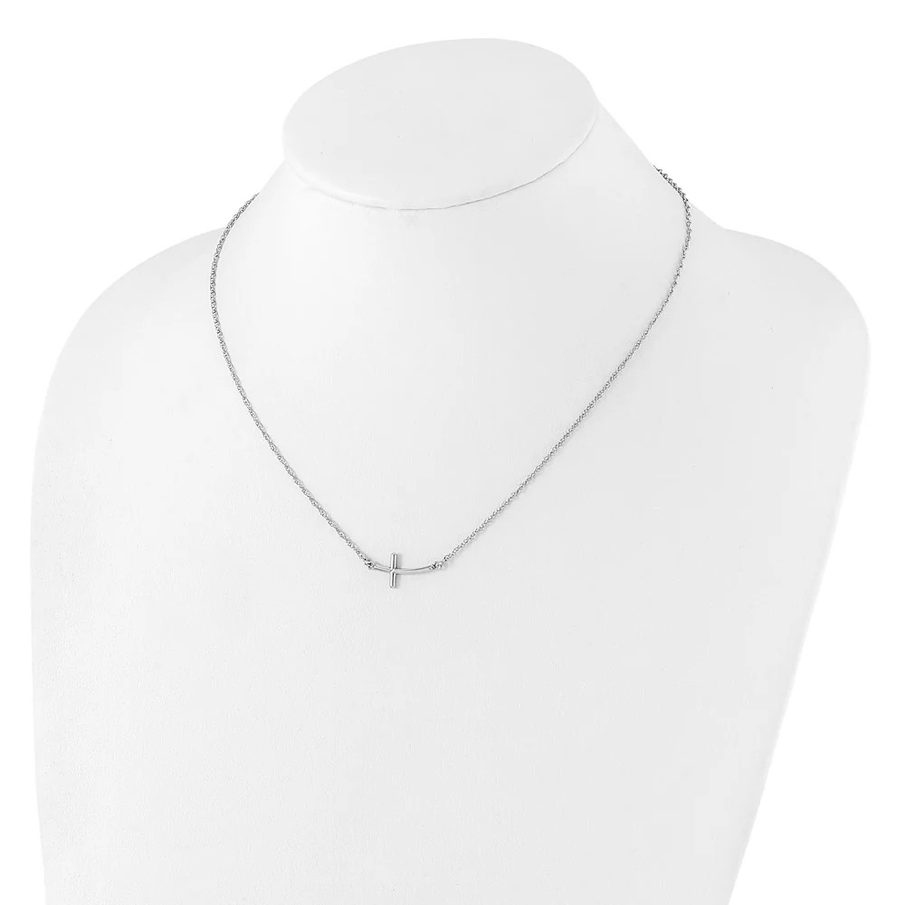 Sterling Silver Rhodium-Plated Small Sideways Curved Cross Necklace
