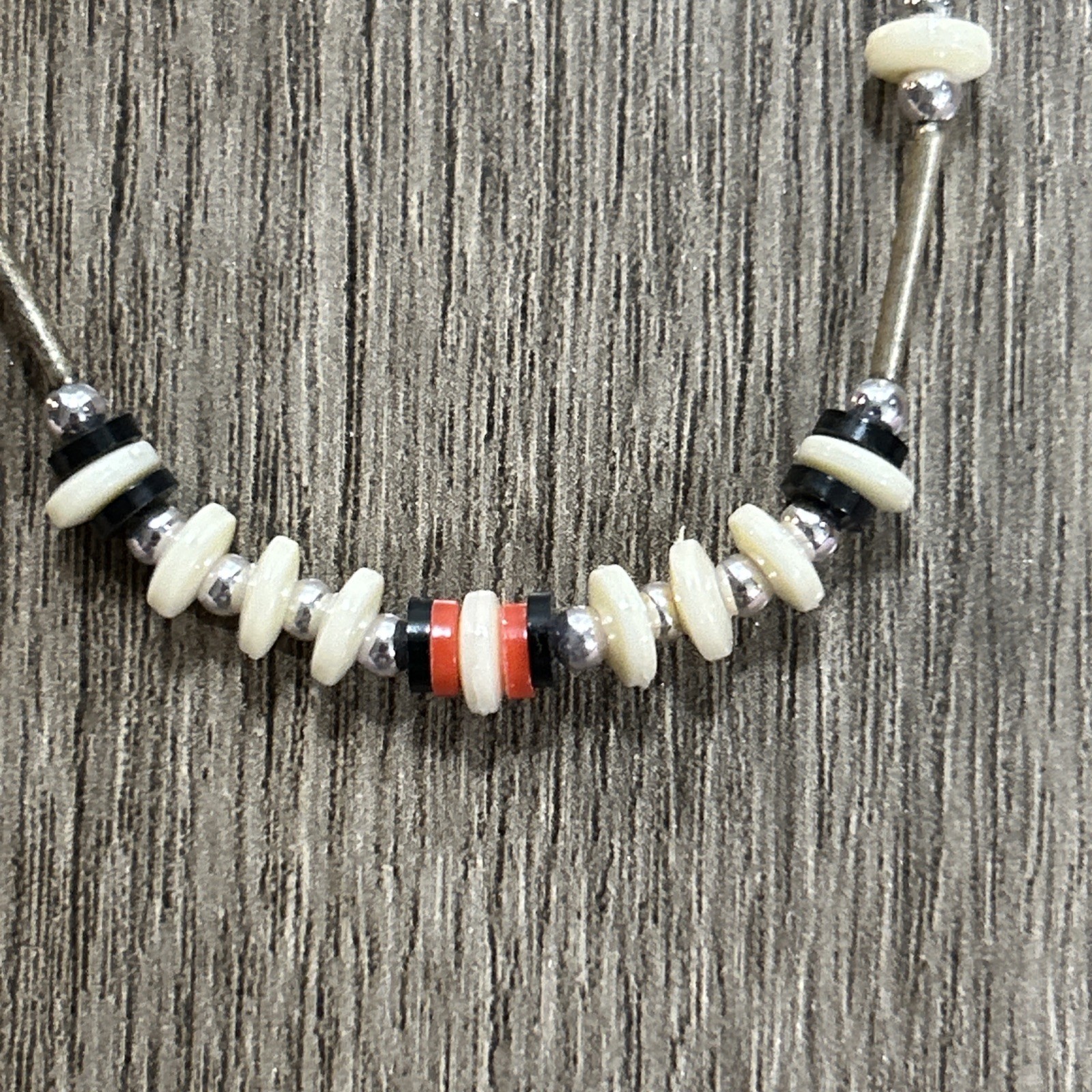 Southwestern Choker Liquid Sterling Silver/Orange Black White Bead Necklace 16”
