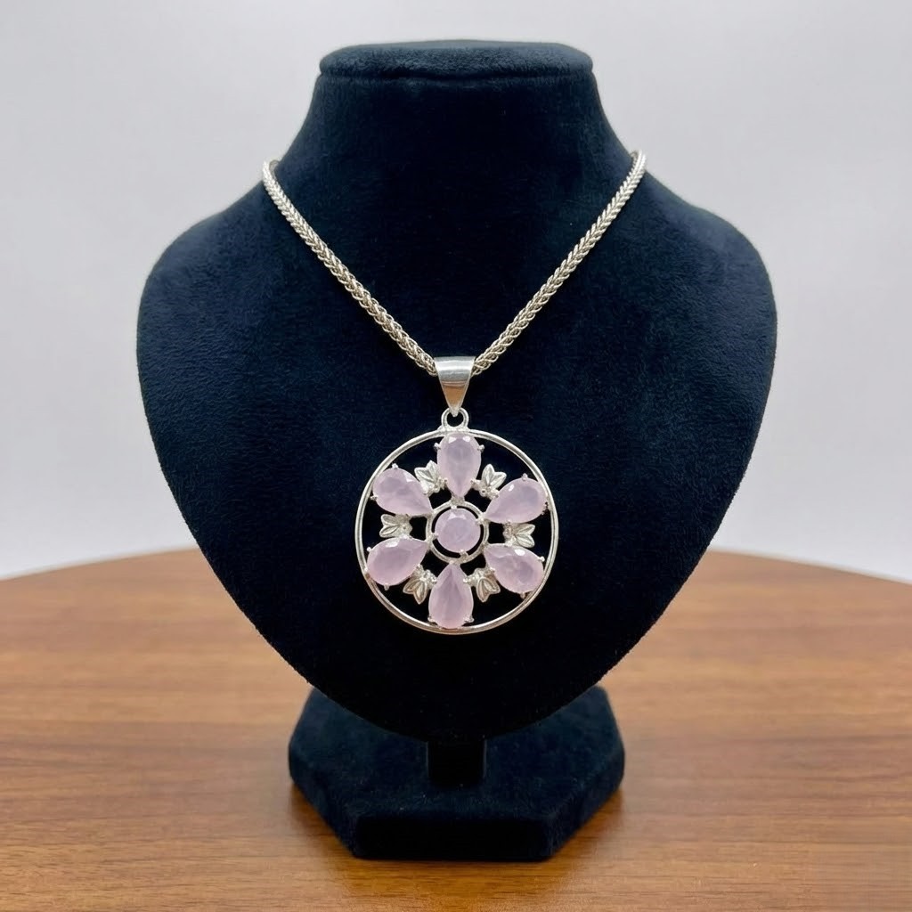 50-55Ct Rose Quartz Pendant Sterling Silver | Pink Crystal Floral Necklace