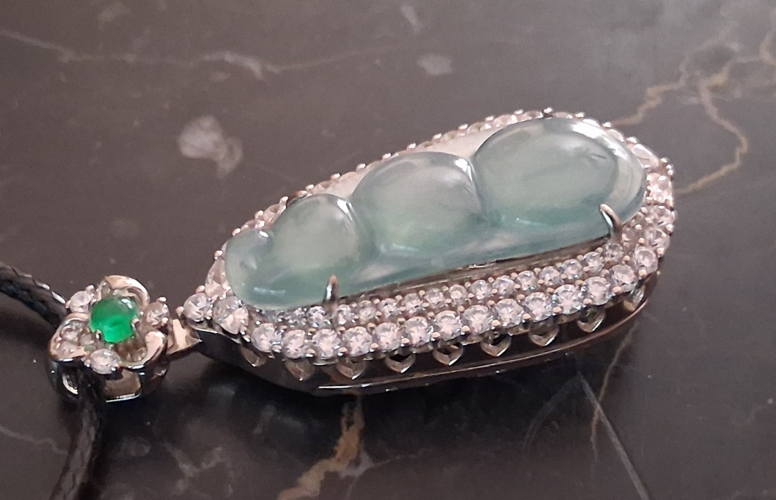 Natural Jadeite Teardrop Pendant Necklace 925 Sterling Silver Black Cord Signed