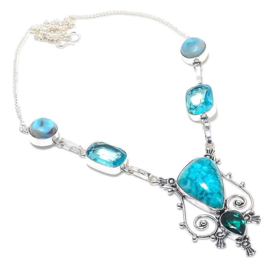 Blue Turquoise Gemstone Handmade 925 Sterling Silver Jewelry Necklace 18″