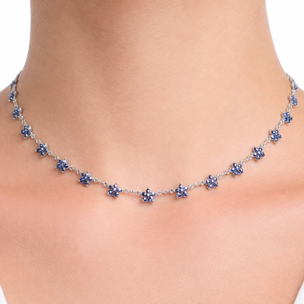 Gift For Her 925 Sterling Silver 2 mm. Blue Sapphire Necklace 18.0 In.