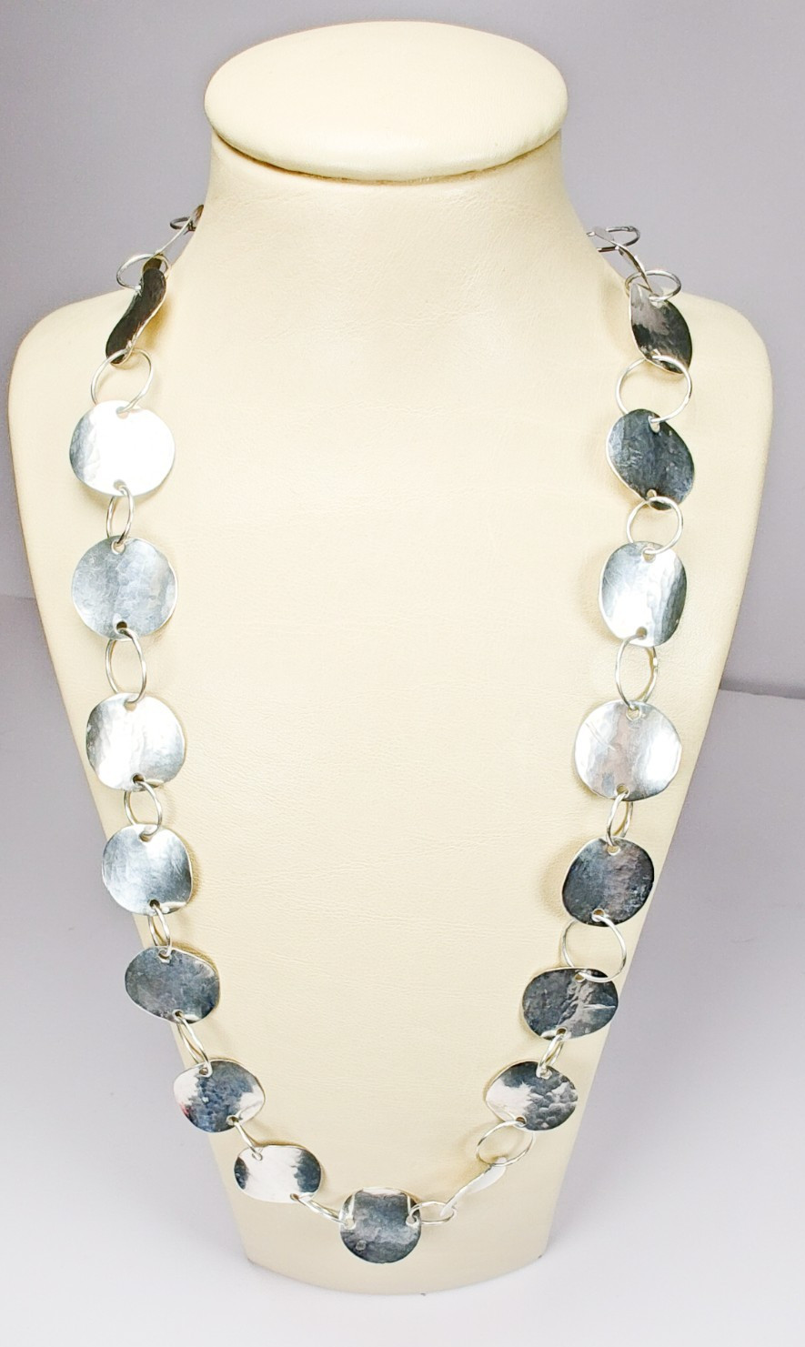 925 Sterling Silver Hammered Disc Link Necklace 26″ 25.22g Large Circles Tested