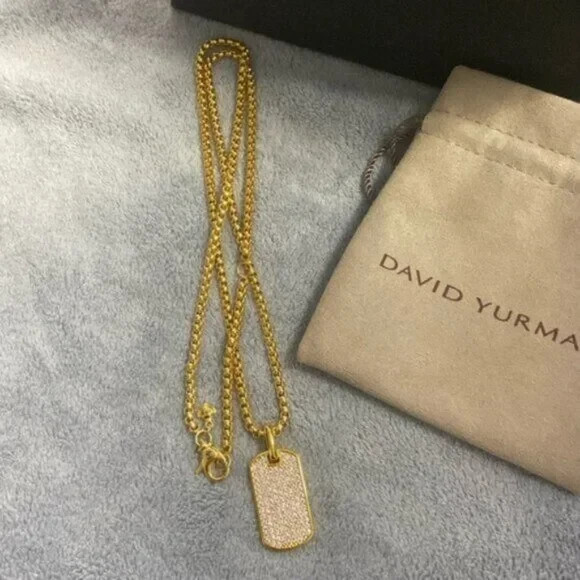 David Yurman Gold and Diamond Dog Tag Pendant Necklace