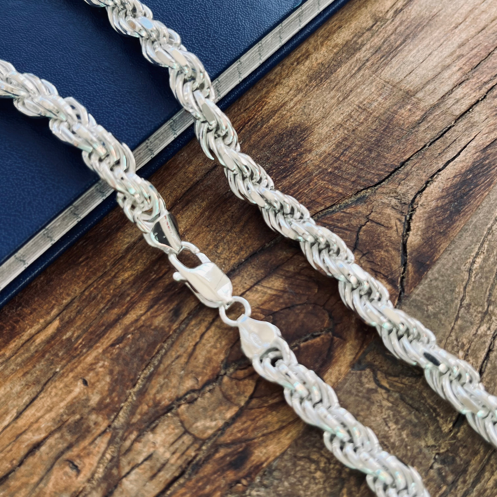Real Solid Sterling Silver 7mm Mens Diamond Cut Rope Chain Bracelet or Necklace
