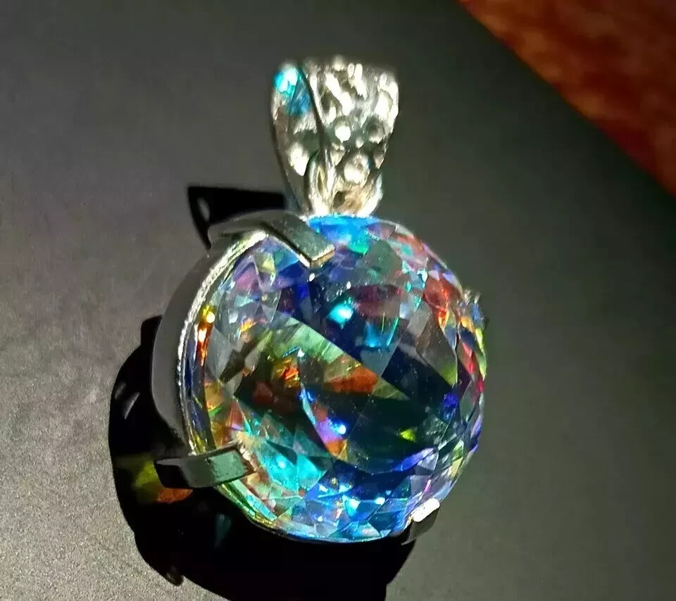 Round Cut 90 Ct+ Natural Mystic Topaz 925 Solid Silver Rainbow Pendant Gemstone