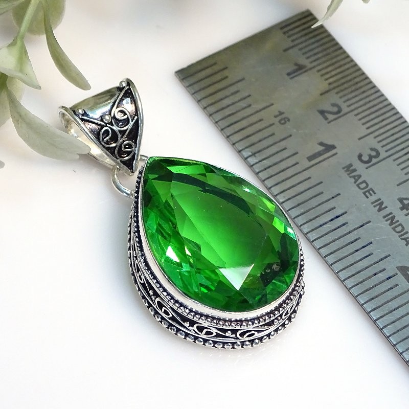 Faceted Tsavorite 925 Sterling Silver Pear Gemstone Vintage Pendant 1.9″ PG 2264