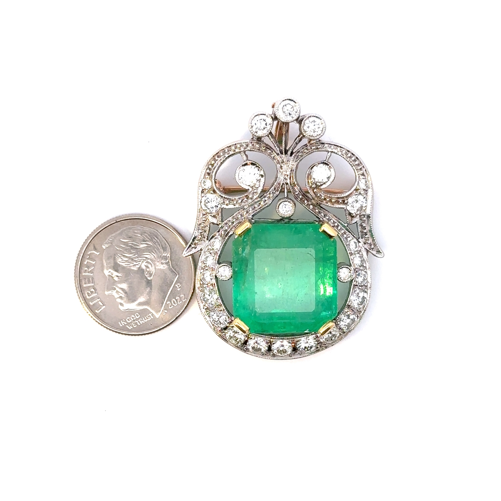 GIA Certified Emerald Diamond Brooch/Pendant Set in 14KT White Yellow Gold G006