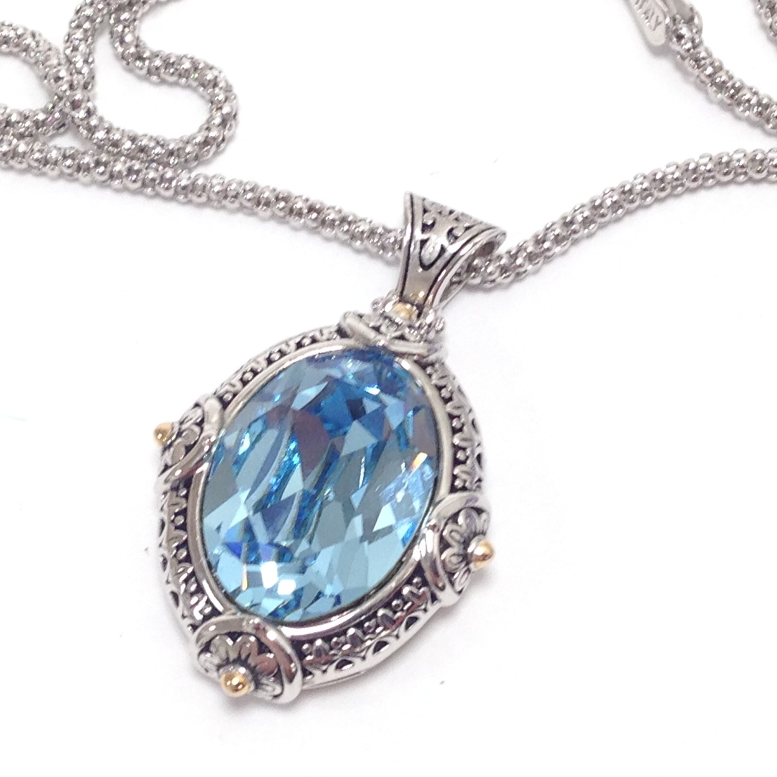 FD 925 Sterling Silver Blue Crystal Pendant Popcorn Chain Necklace 17.5″ Jewelry