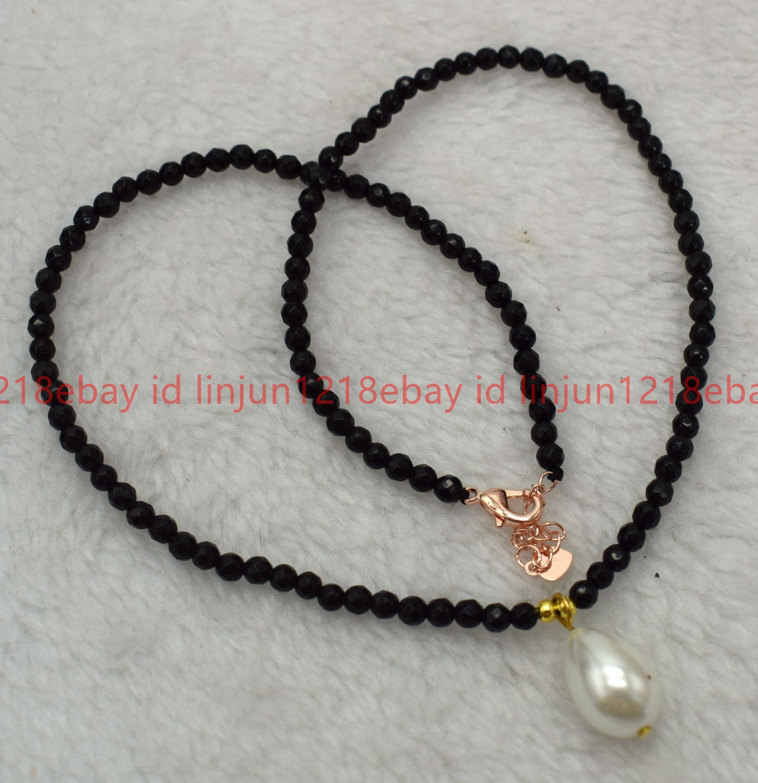 Faceted 4mm Black Agate Round Gems White Shell Pearl Pendant Necklace 16-28in