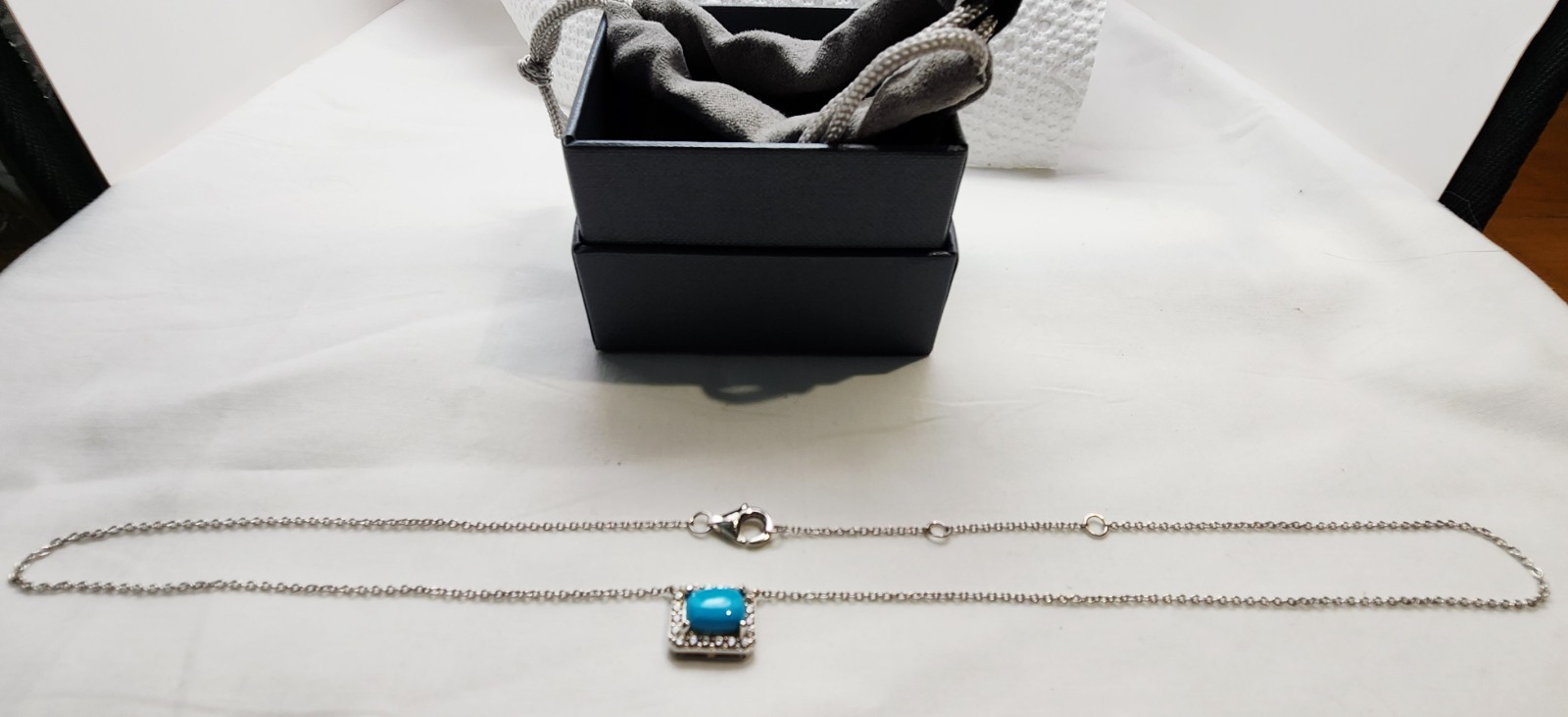 Wonderful Sterling Silver Turquoise Clear Stone Rectangle MLD 18” Necklace
