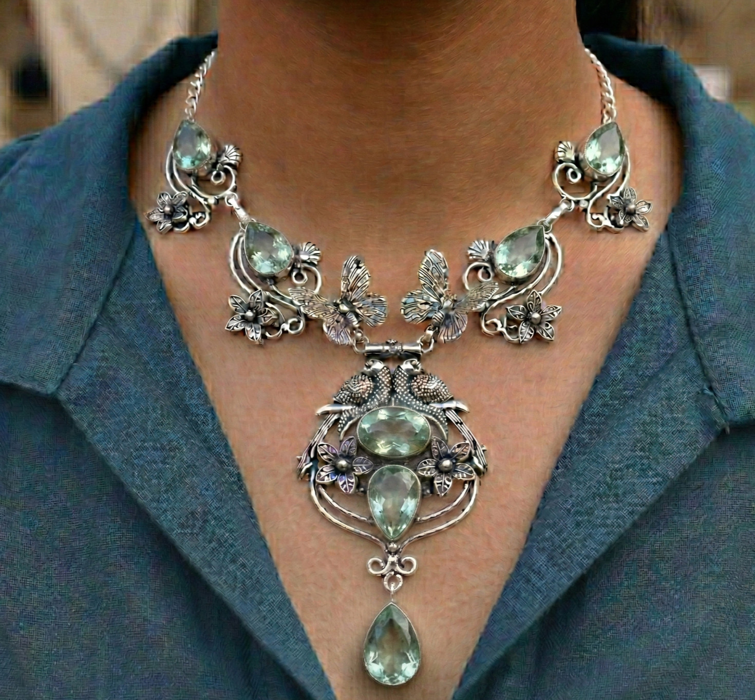 Green Amethyst Gemstone 925 Sterling Silver Vintage Jewelry Necklace ADJ 18″