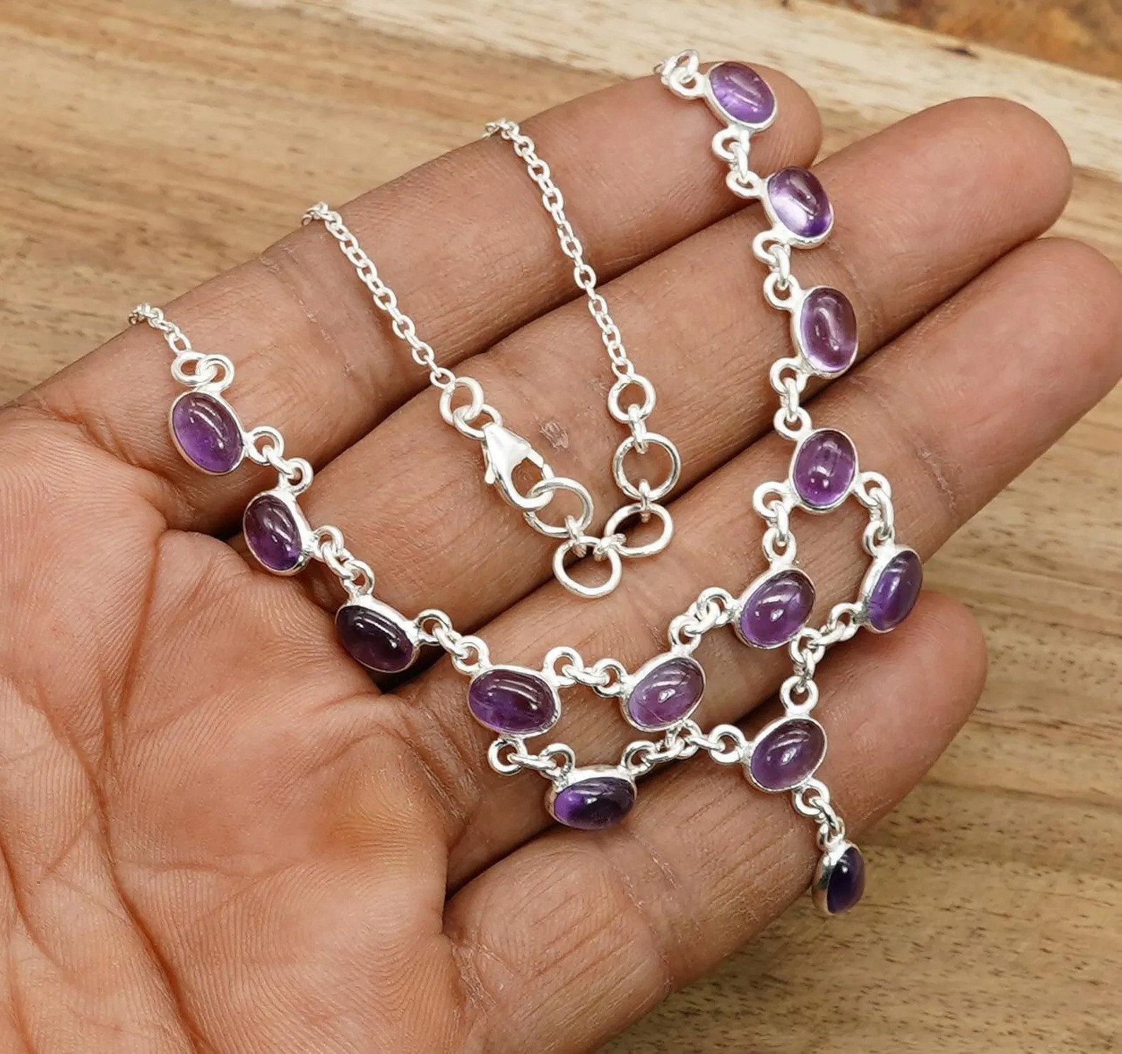 Purple Amethyst Sterling Silver Layered Gemstone Adjustable Necklace