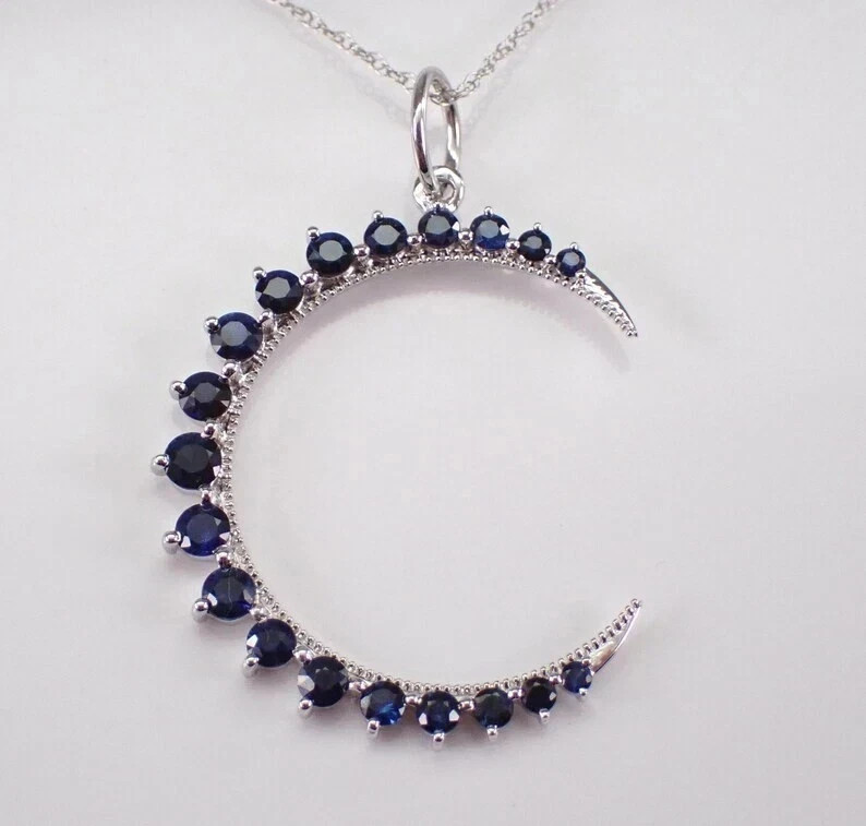 2Ct Lab Created Blue Sapphire Crescent Moon Pendant 14K White Gold Plated Silver