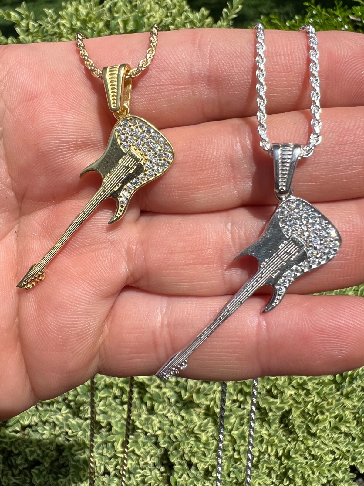 Real 925 Silver / 14k Gold Plated Electric Guitar Rockstar Pendant Necklace CZ