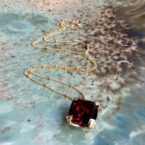 14k Yellow Gold Plated Silver 2.67Ct Lab Created Garnet Pendant 18 Chain Cushion
