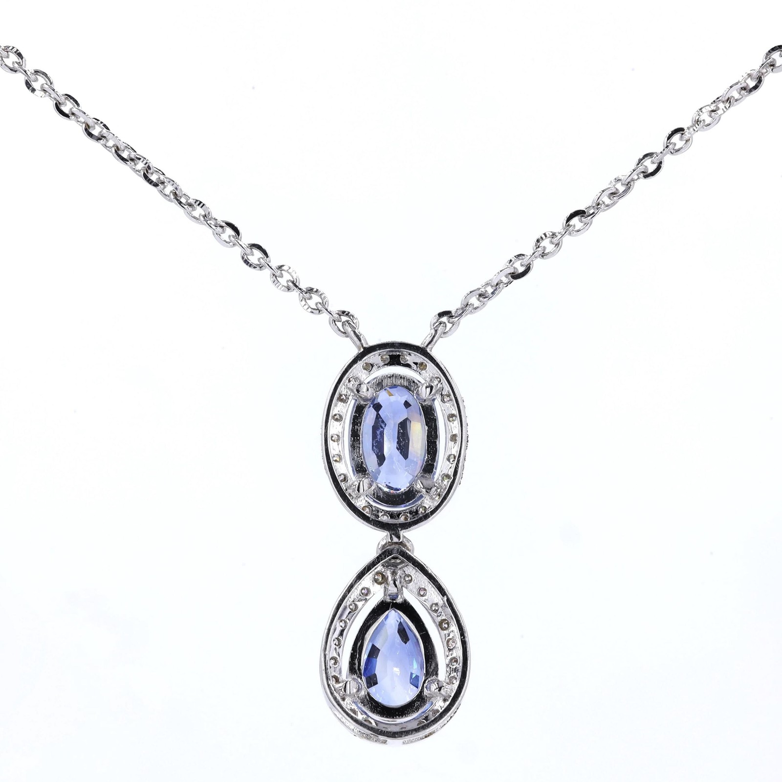 0.87ct Natural Sapphire Double Drop Pendant Necklace 14K Solid Gold Halo Pave