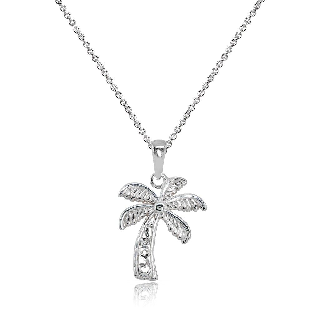 Palm Tree Summer Filigree Polished Sterling Silver Pendant Necklace