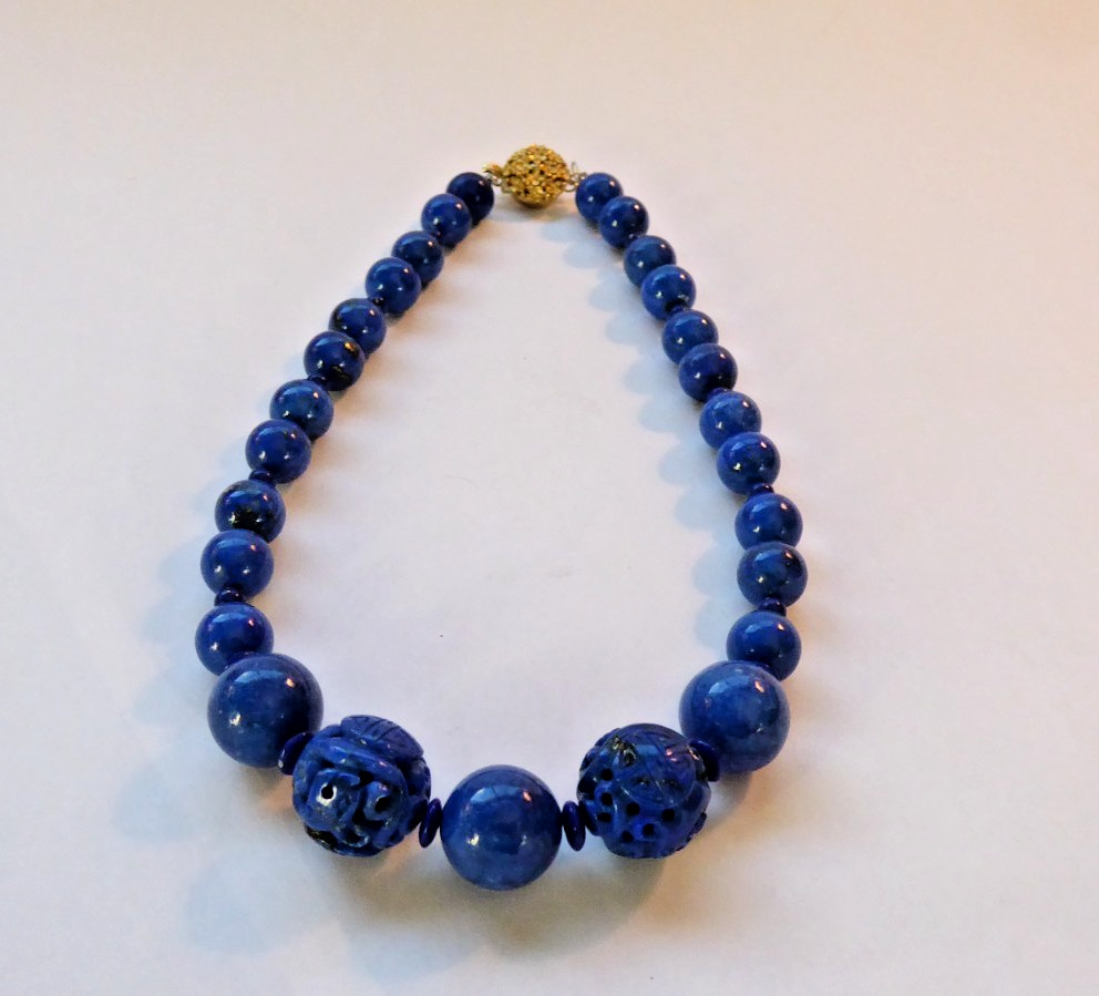 Carved Lapis Lazuli Bead Statement Necklace 15″ long 15mm & 9mm Round beads Asia