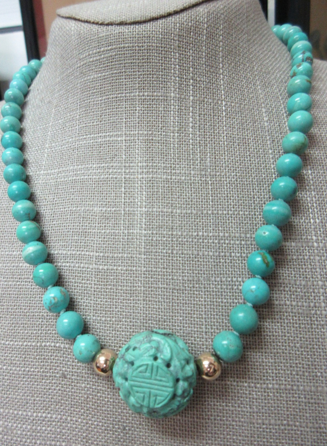 Vtg 14K Fishhook Clasp Turquoise Beads & Carved “Shou” Bead Necklace 18″ 39.7 G