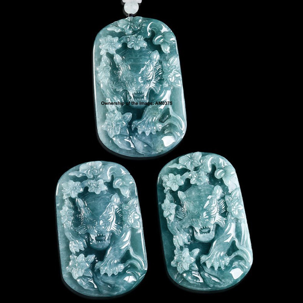 Natural Grade A Jadeite ICY Blue Jade Tiger Pendant Hand-Carved Fine Jewelry