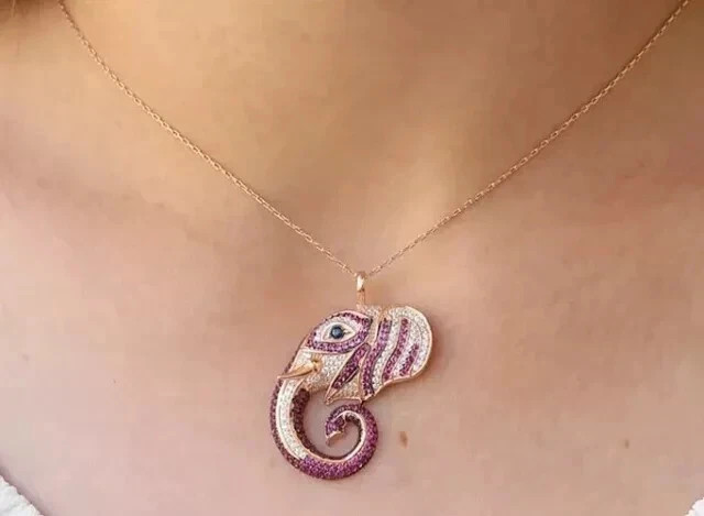 1.50CT Round Cut Lab Created Red Ruby Elephant Pendant 14K Yellow Gold Finish