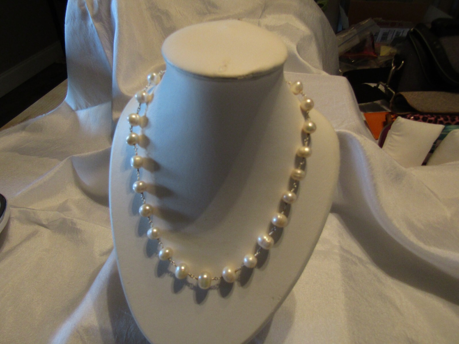 925 Silver and 7mm – 9mm White Baroque Freshwater Pearls 16in – 18in length