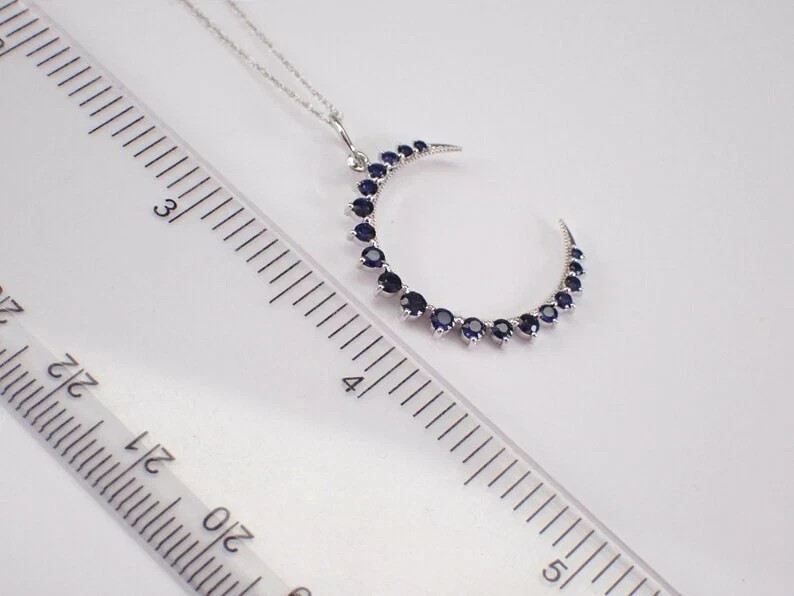 2Ct Lab Created Blue Sapphire Crescent Moon Pendant 14K White Gold Plated Silver