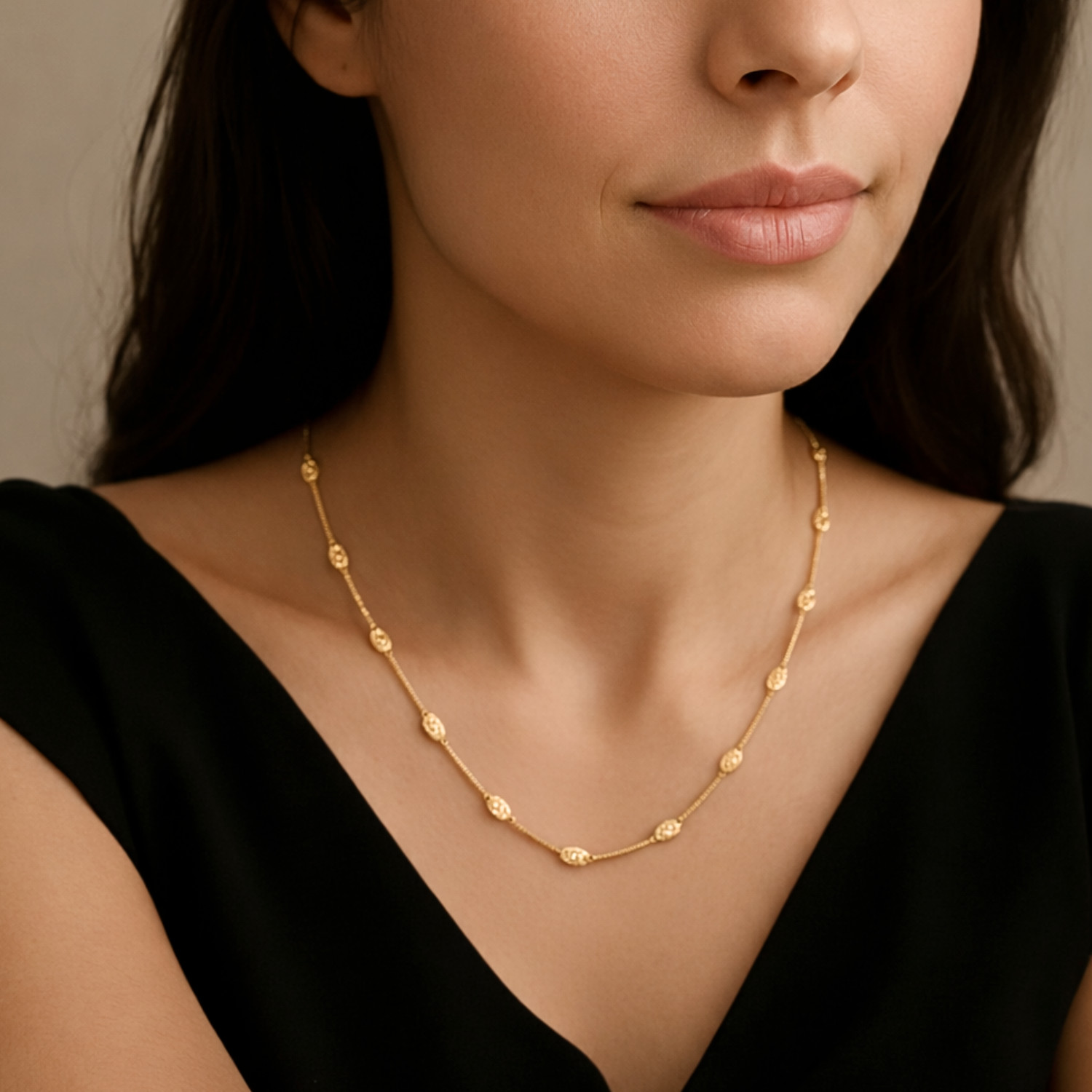Gold Diamond-Cut Oval-Shape Beaded Italian Necklace 16″-20″ 925 Sterling Silver