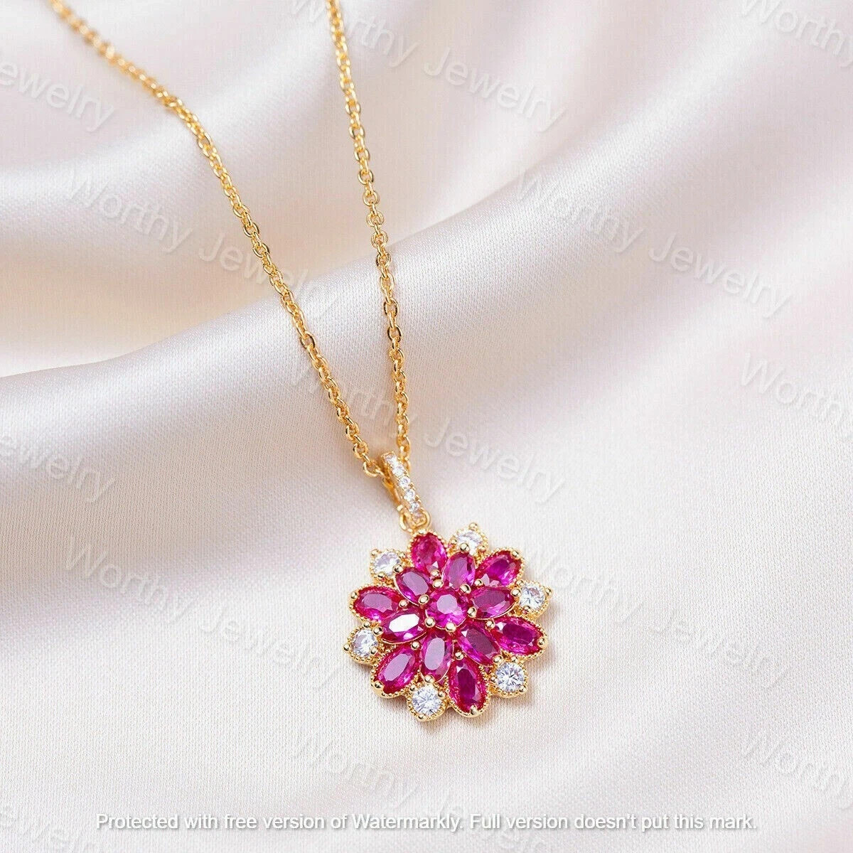 3Ct Oval Cut Red Ruby Flower Cluster Pendant 14K Yellow Gold Finish Free Chain