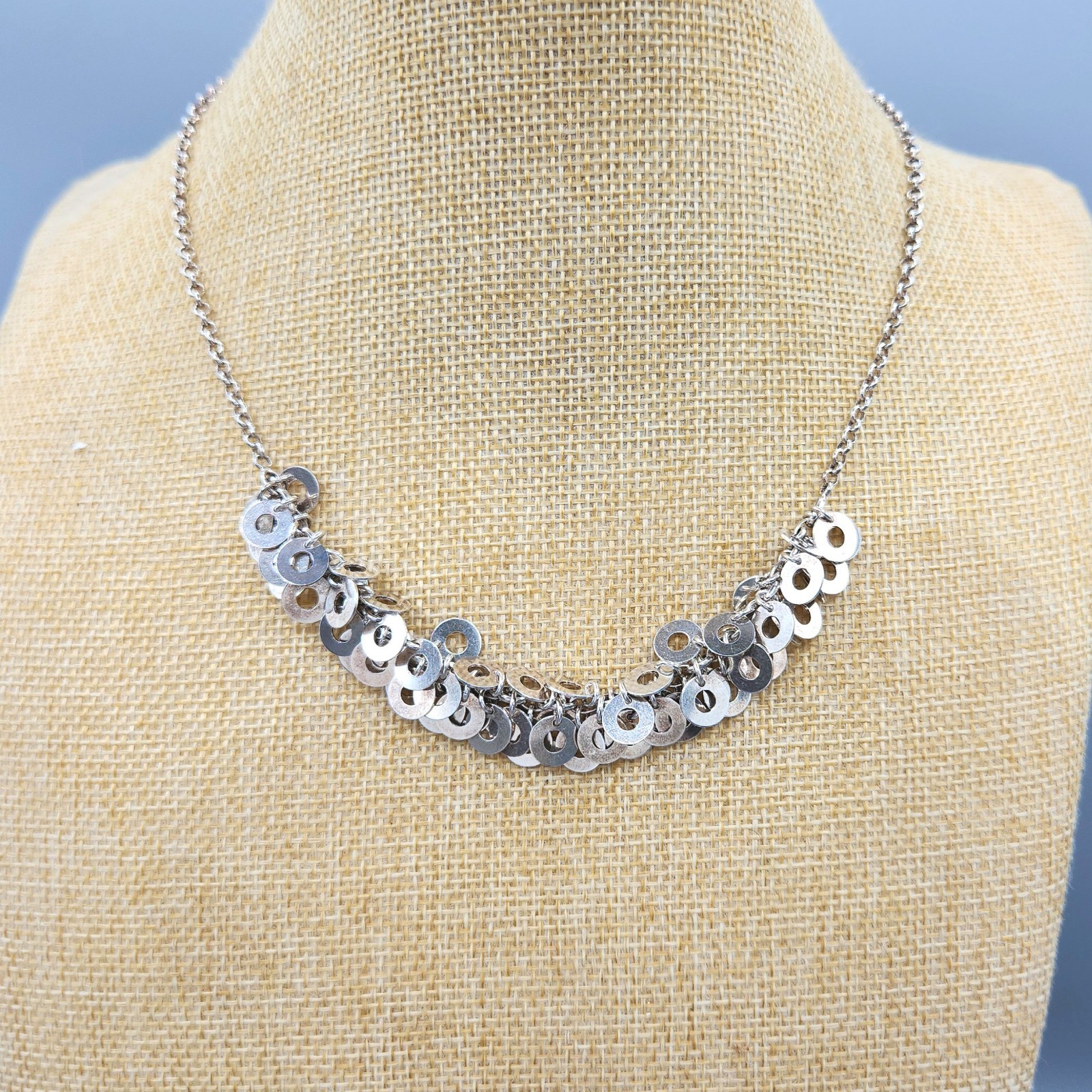 Solid Silver Sterling Disc Charm Dangle Fringe Chain Necklace 17″ 24.8g