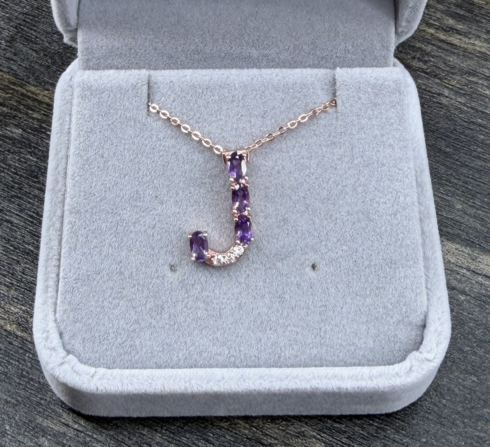 Stunning Natural Purple Amethyst Initial J -18K Rose Gold Pendant/Necklace 20 in