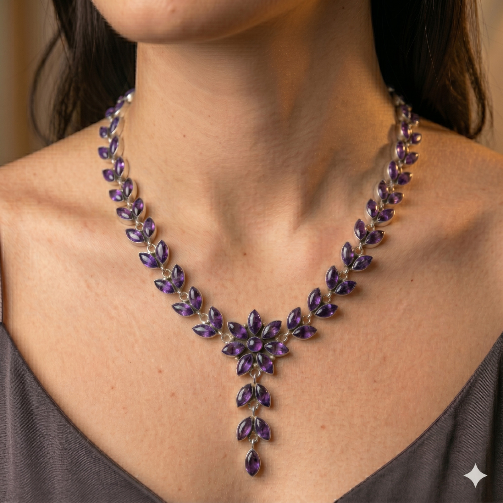 Purple Amethyst Gemstone Handmade 925 Sterling Silver Jewelry Necklace ADJ 18″