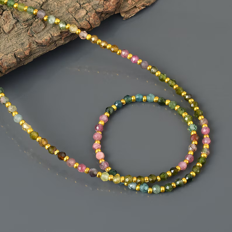 Natural Multi Tourmaline 3mm Round Beaded Necklace 925 Silver 18″ Handmade Gift