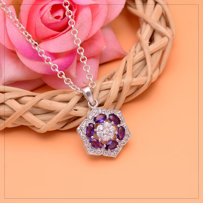 Amethyst Gemstone 925 Sterling Silver Hexagon Shape Pendant Silver Jewelry Gift
